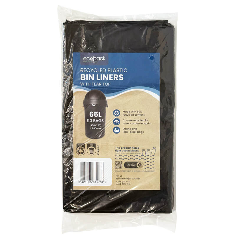 Ecopack 65L Recycled Plastic Garbage Bin Liners with 40mm Tear Top - Image 3