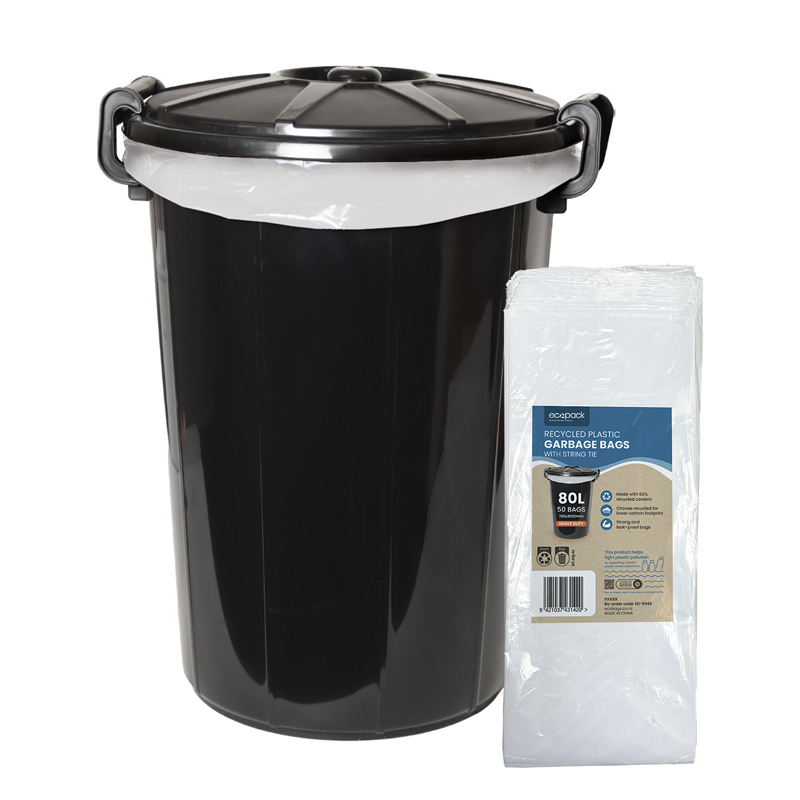 Ecopack 80L Recycled Plastic Garbage Bin Liners with String Tie (White)